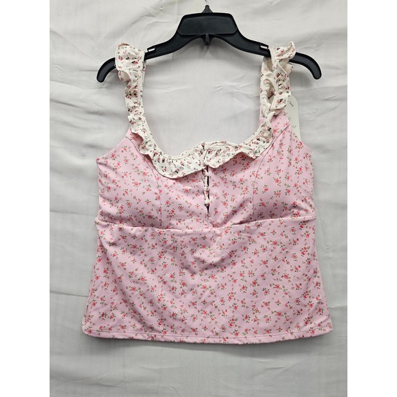 Blogilates Tops - Blogilates Womens Ruffle Lace Up Tank Pink Floral Poly Blend XL